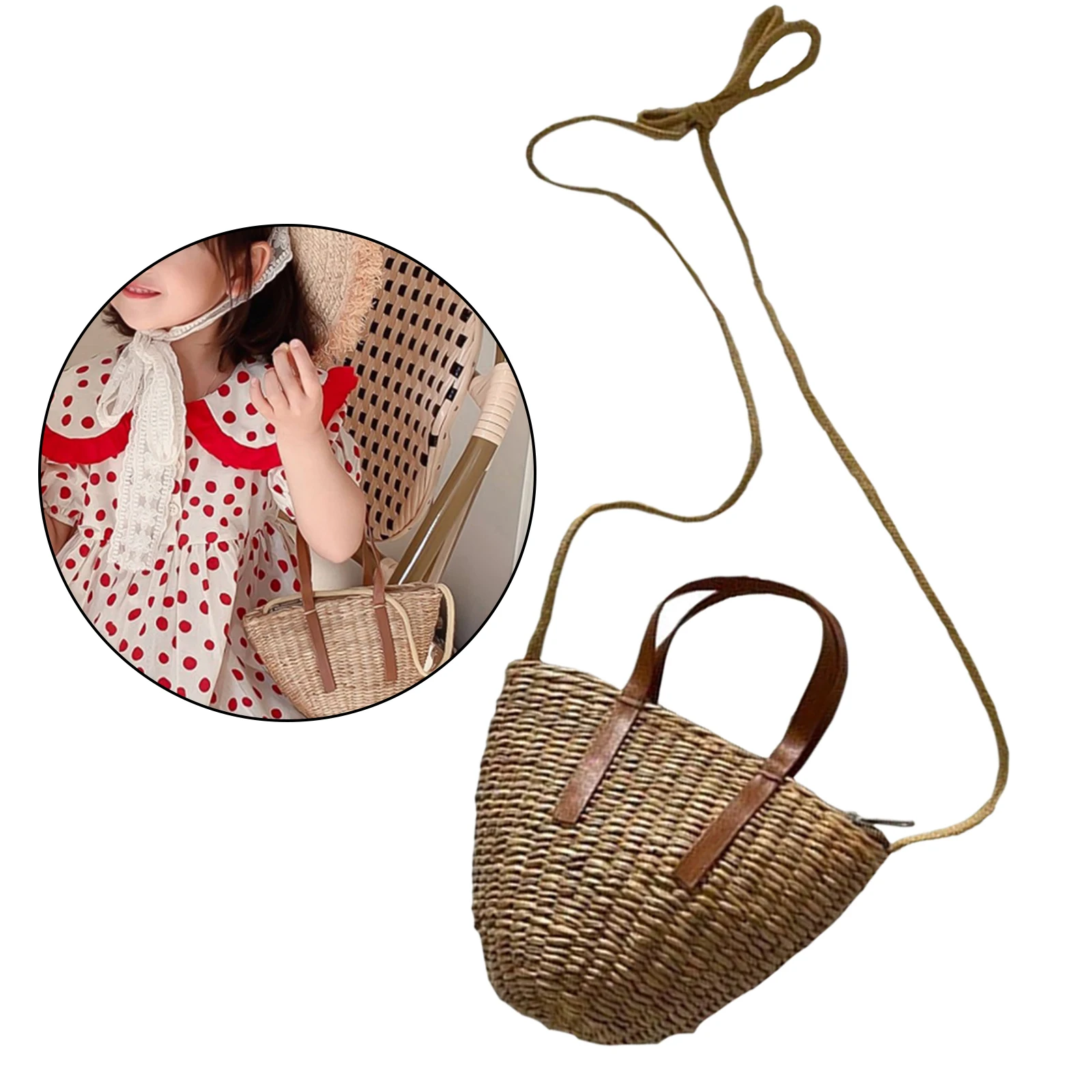 Cute Bamboo Children`s Bicycle Basket with Lid and Shoulder Strap,Handwoven Rattan Basket,Fashion Basket Bags for Kids