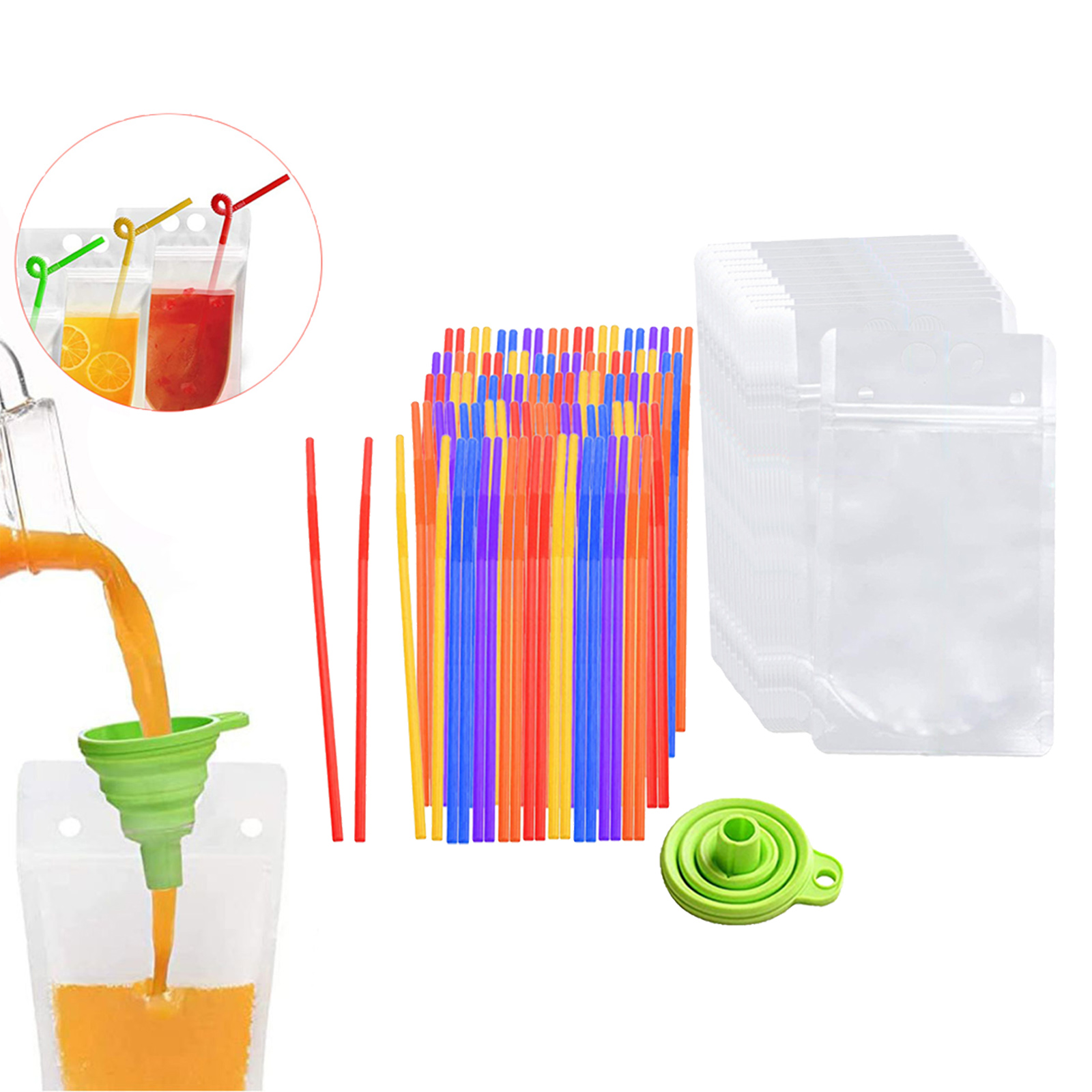 100 x Plastic Drink Pouches No Leak Juice Bags 500ml with Straws & Funnel