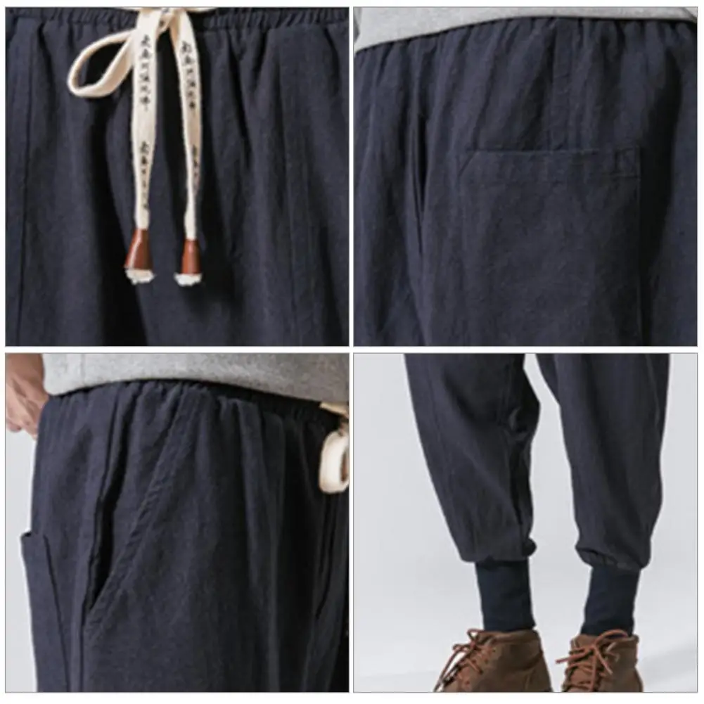 Casual Harem Pants All Match Solid Color Baggy Drawstring Men Drop-crotch Pockets Trousers Comfortable to wear  for Daily Wear blue harem pants
