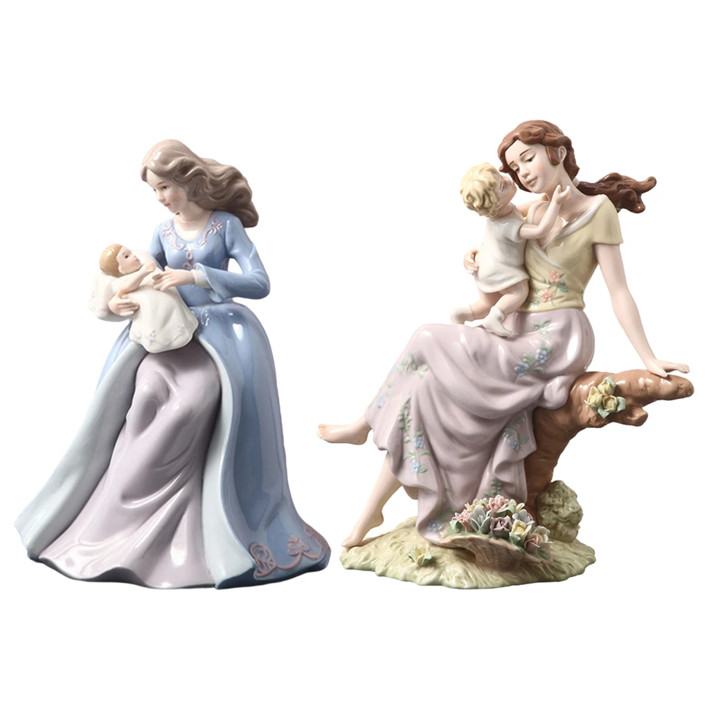 Nordic Ceramic Mother and Kid Character Statue Hand-Painted Figure Modern Home Bookshelf Tabletop Decor Crafts Ornaments