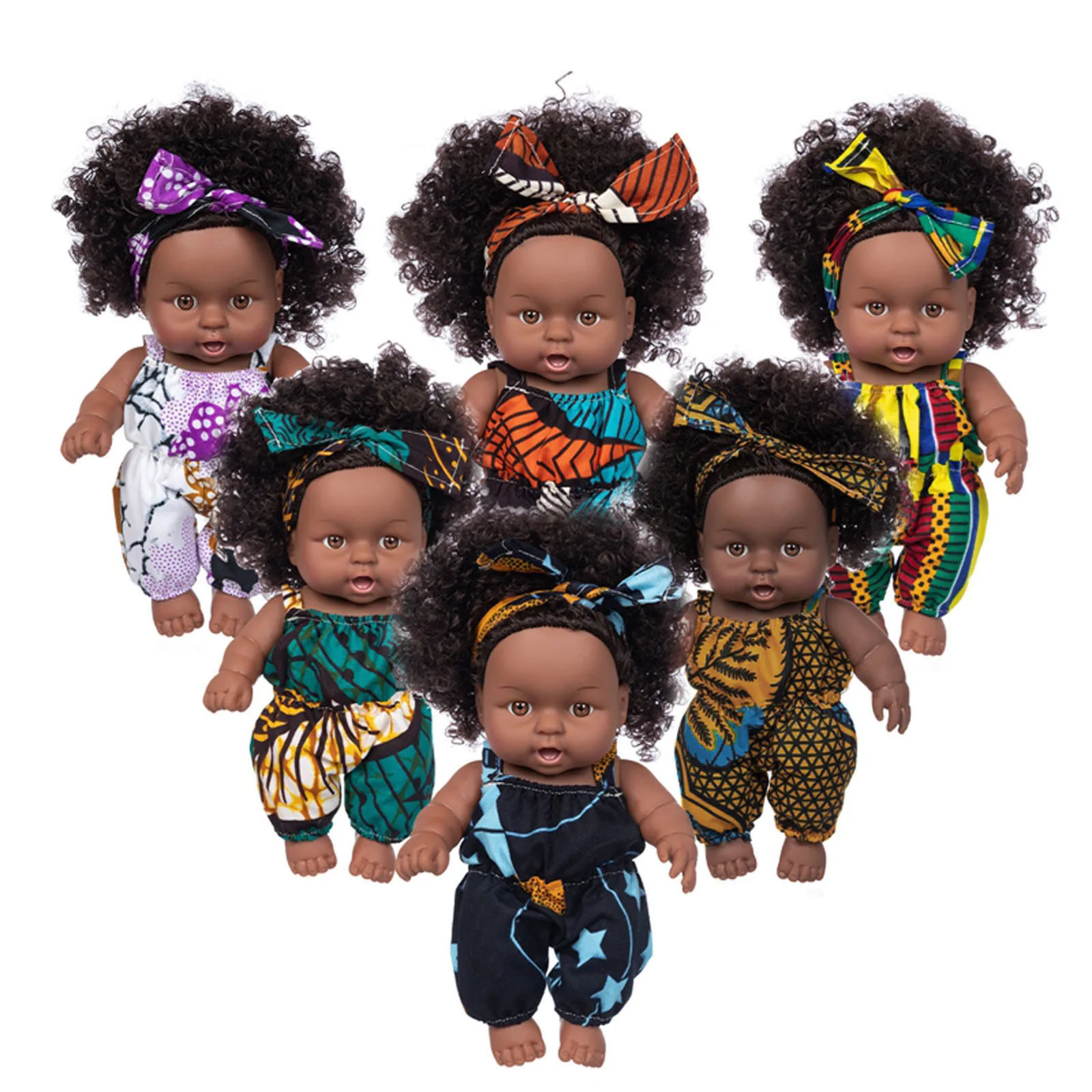 Black African Black Dolls Lifelike Explosion Head Wear A Headscarf Baby Cute Curly Black 8-Inch Reborn Clothes Vinyl Baby Toy
