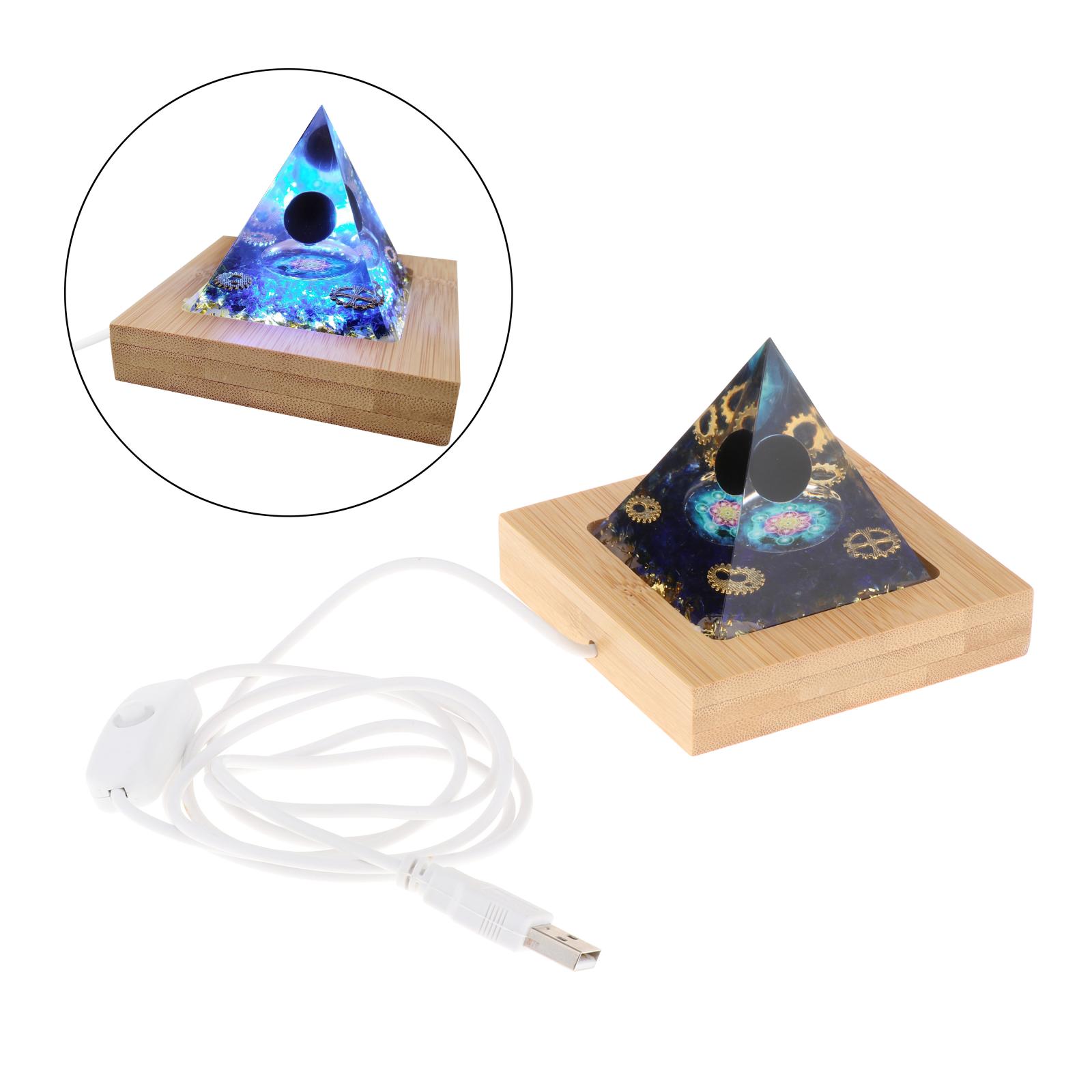 Orgone Pyramid Obsidian Sphere Blue Crystal with Light Wooden Base Hand Crafted Eco Friendly Dimensions 6x6x6cm