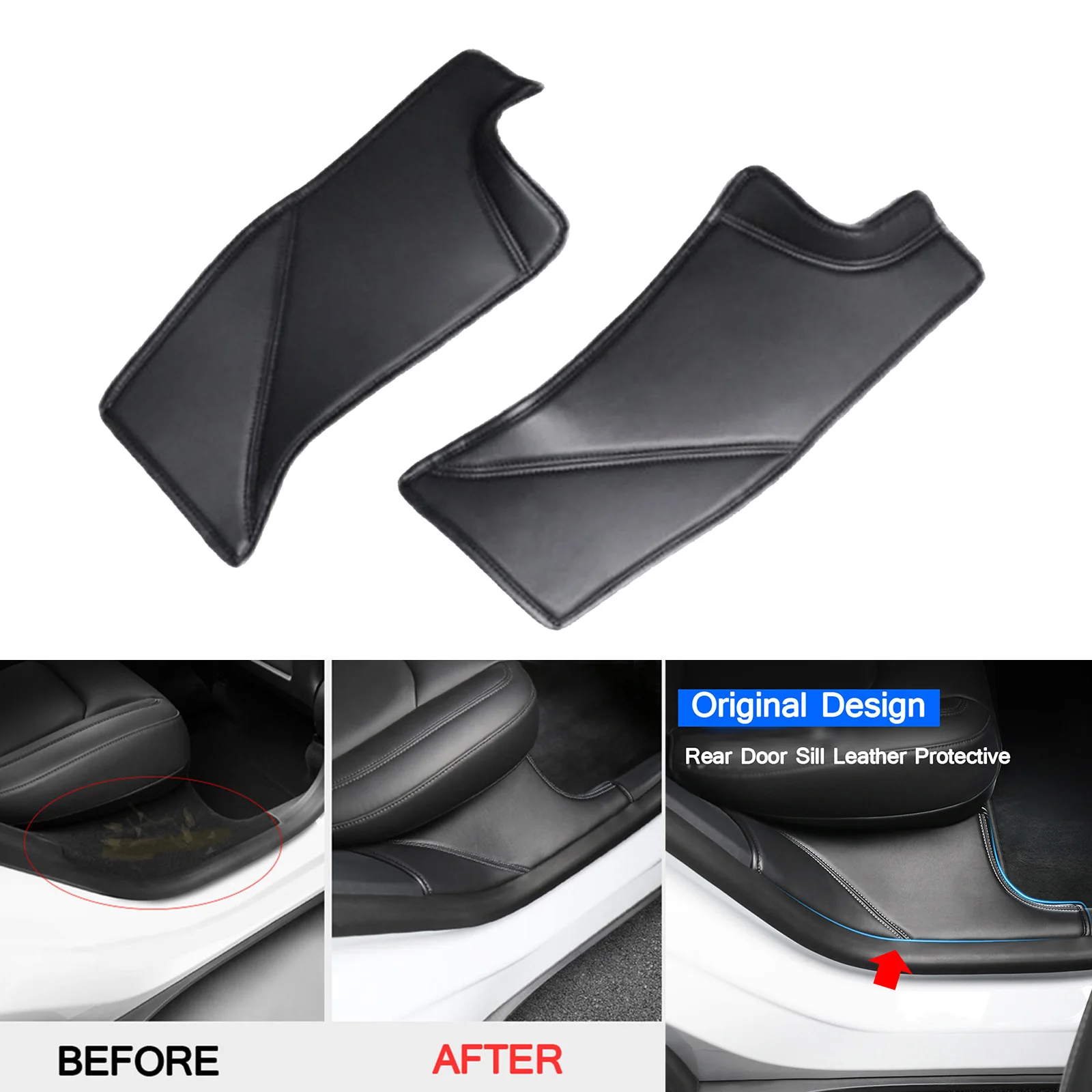 2x Car Rear Door Sill Protector Cover Trim For Tesla Model Y, PU Leather