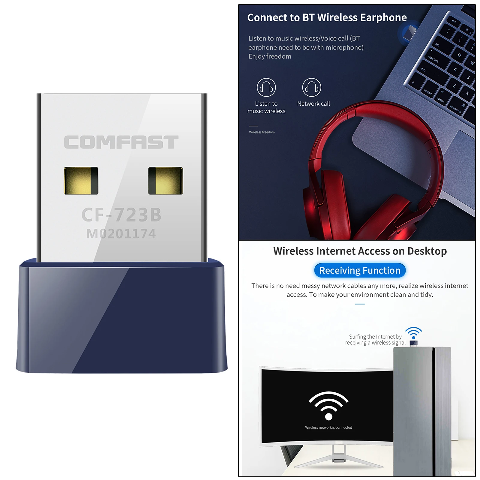 Wireless USB 2 in 1 WiFi Bluetooth Card External Network Dongle, Low Energy