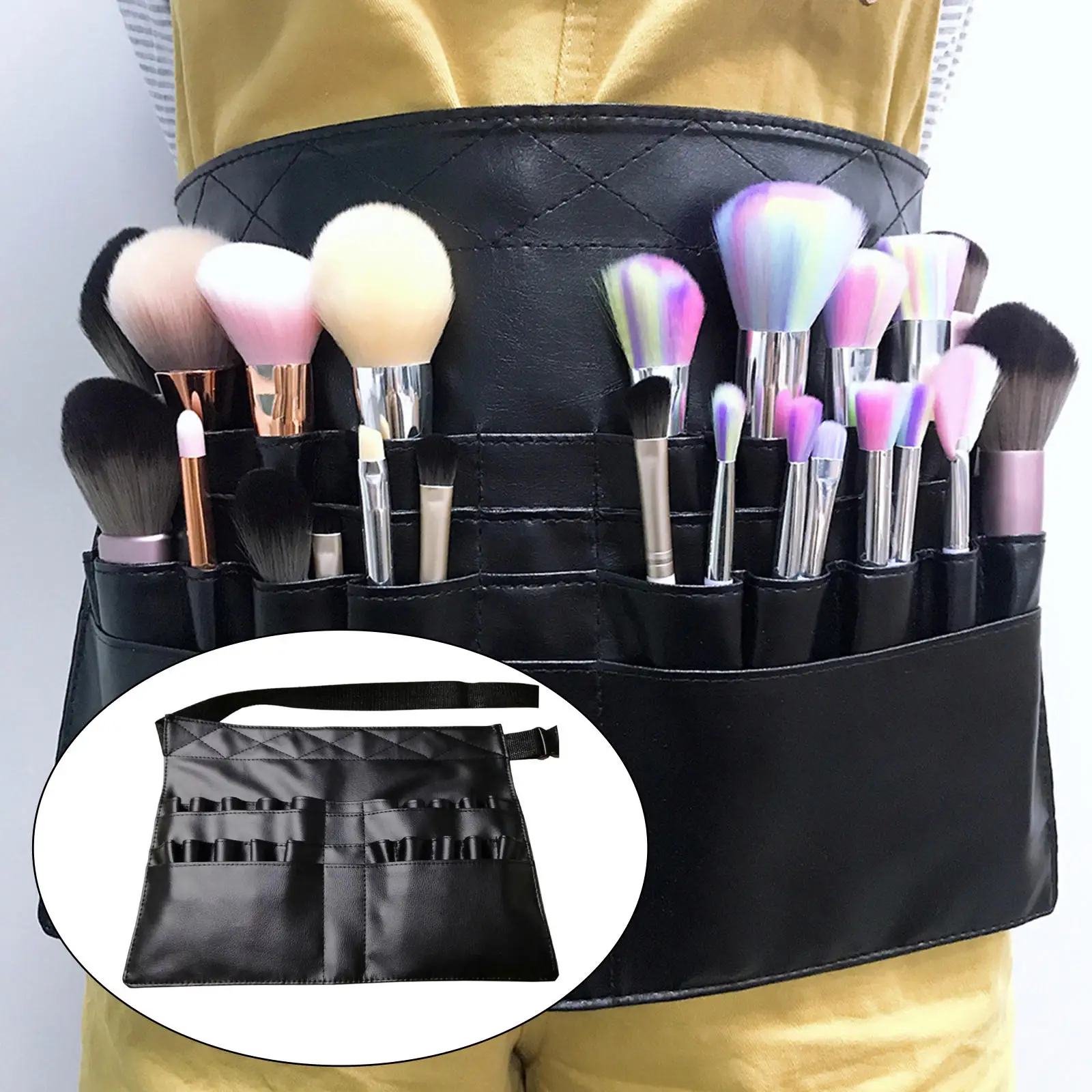 Makeup Brush Bag Multi Pockets with Belt Stra Cosmetic Professional Pouch Apron Pack Case for Artist (Brushes Not Included)