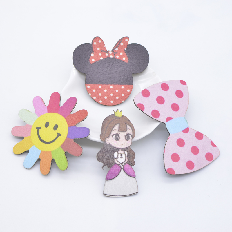 10 Stücke PU Leder Mädchen Fliege Maus Kopf Sonnenblumen Applikationen für DIY Kleidung Hut Nähen Patches Kopfbedeckung Haarspangen Bogen Dekor – Detail 1