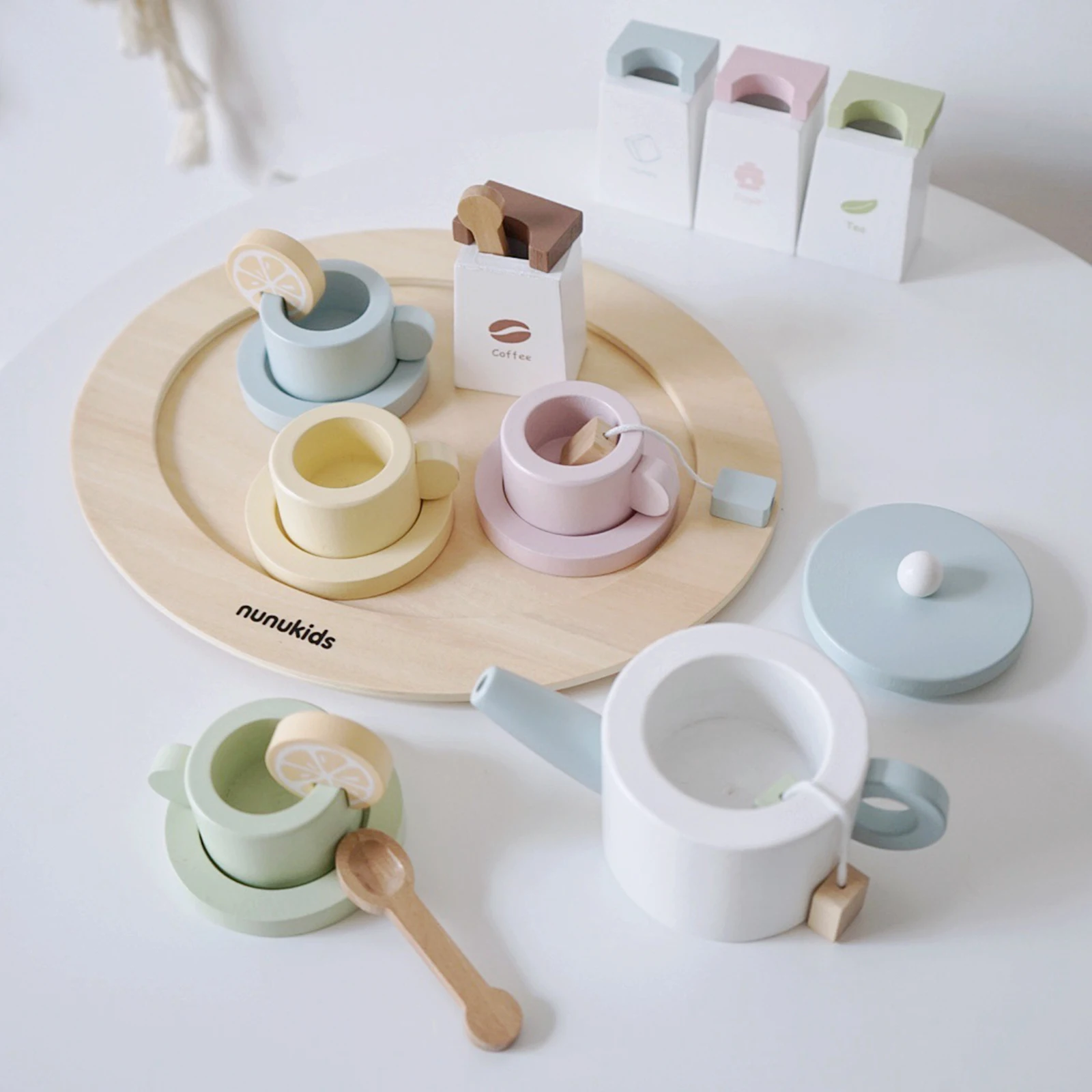 16pcs Wooden Tableware Toy Set Cup Tray Pretend Play Developmental Toy