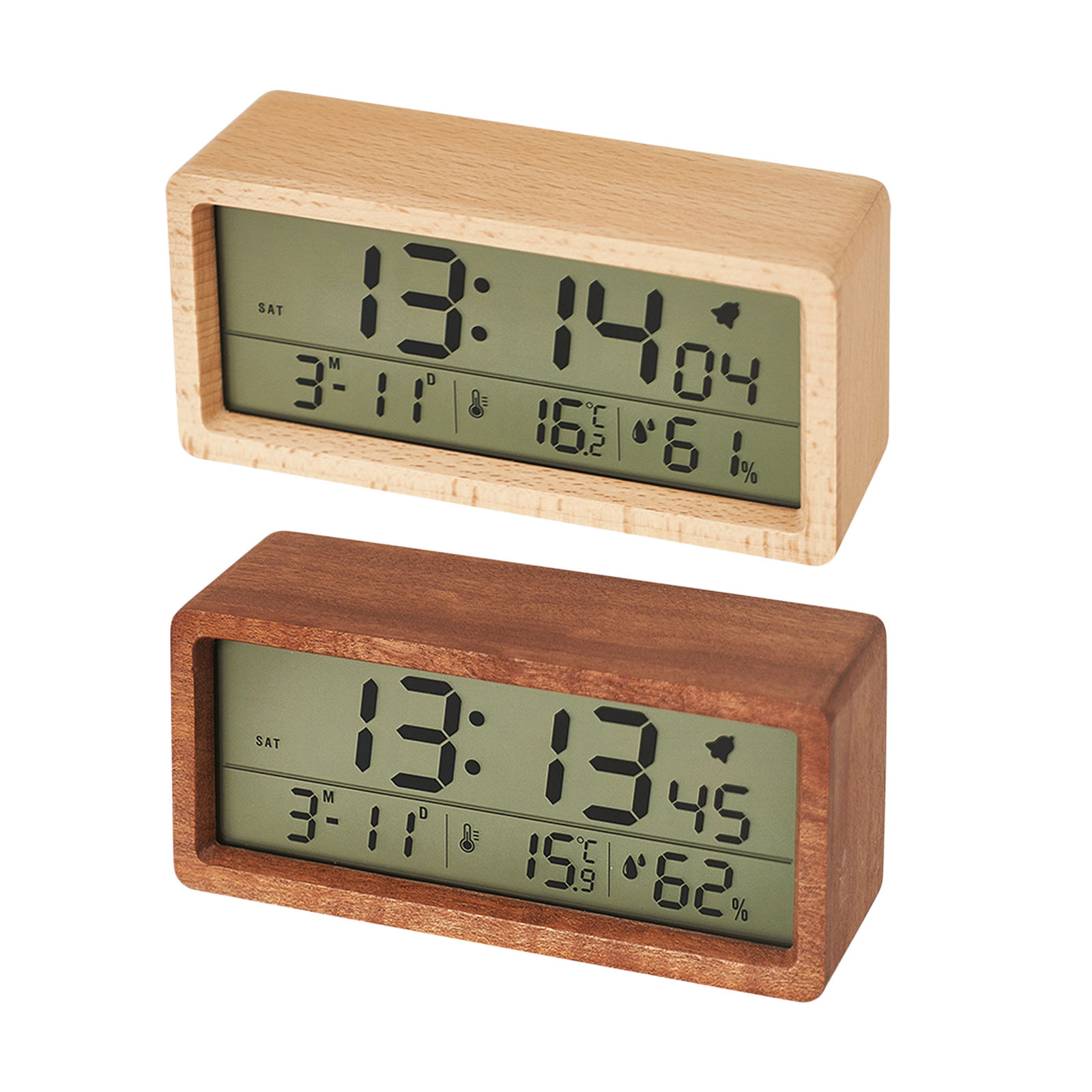 Wood Battery Powered Alarm Clock Humidity Temperature Week Time Display Snooze Mode Bedroom Bedside Kids Room Clocks