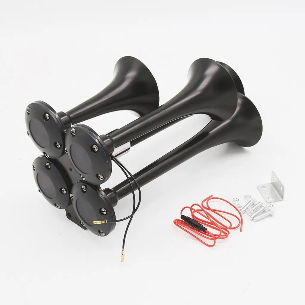 Car Truck Marine Boat Motorcycle 12V/24V 4-Trumpet Train Air Horn Kit 150db Loud Zinc Alloy Extremely Stable Frequency