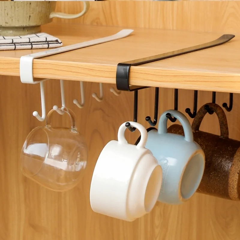 6-Hook Iron Under Shelf Mugs Cups Wine Glasses Spatula Storage Hooks Rack Hanger Organizer for Kitchen Cupboard Wardrobe White 
