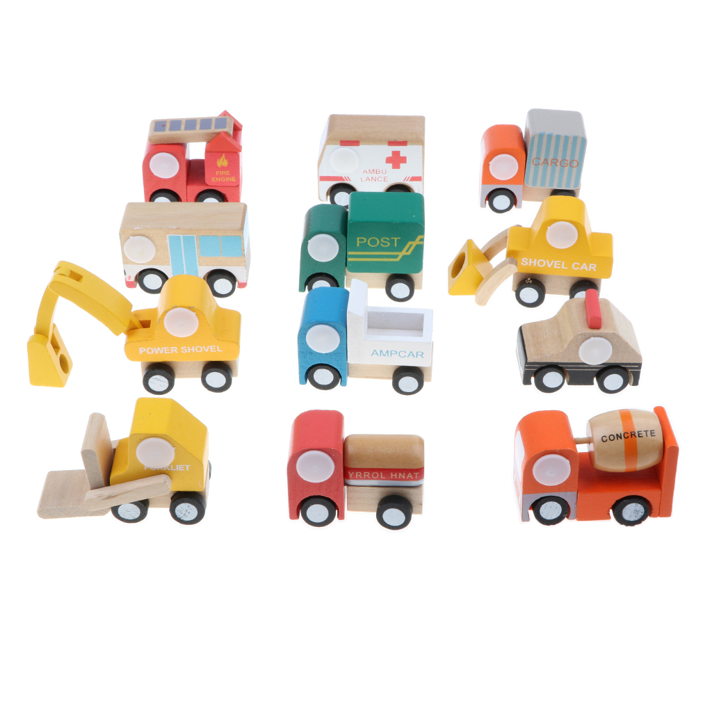 Wooden Urban Vehicle Set for Children - 12 Pieces, Truck, Bus, School Bus,