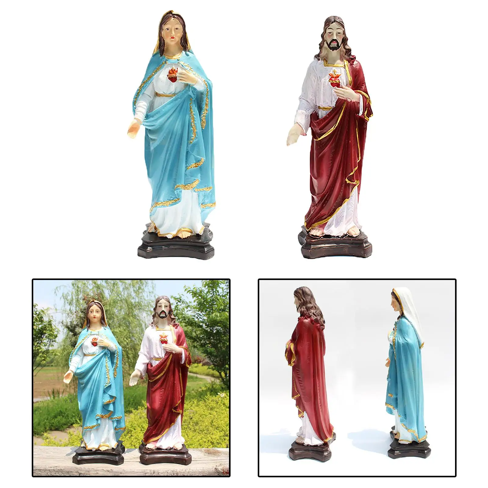2x Resin Sacred Holy Family Jesus and Virgin Mary Figurine Christ Statues Religious Christian Home Ornament Collectibles