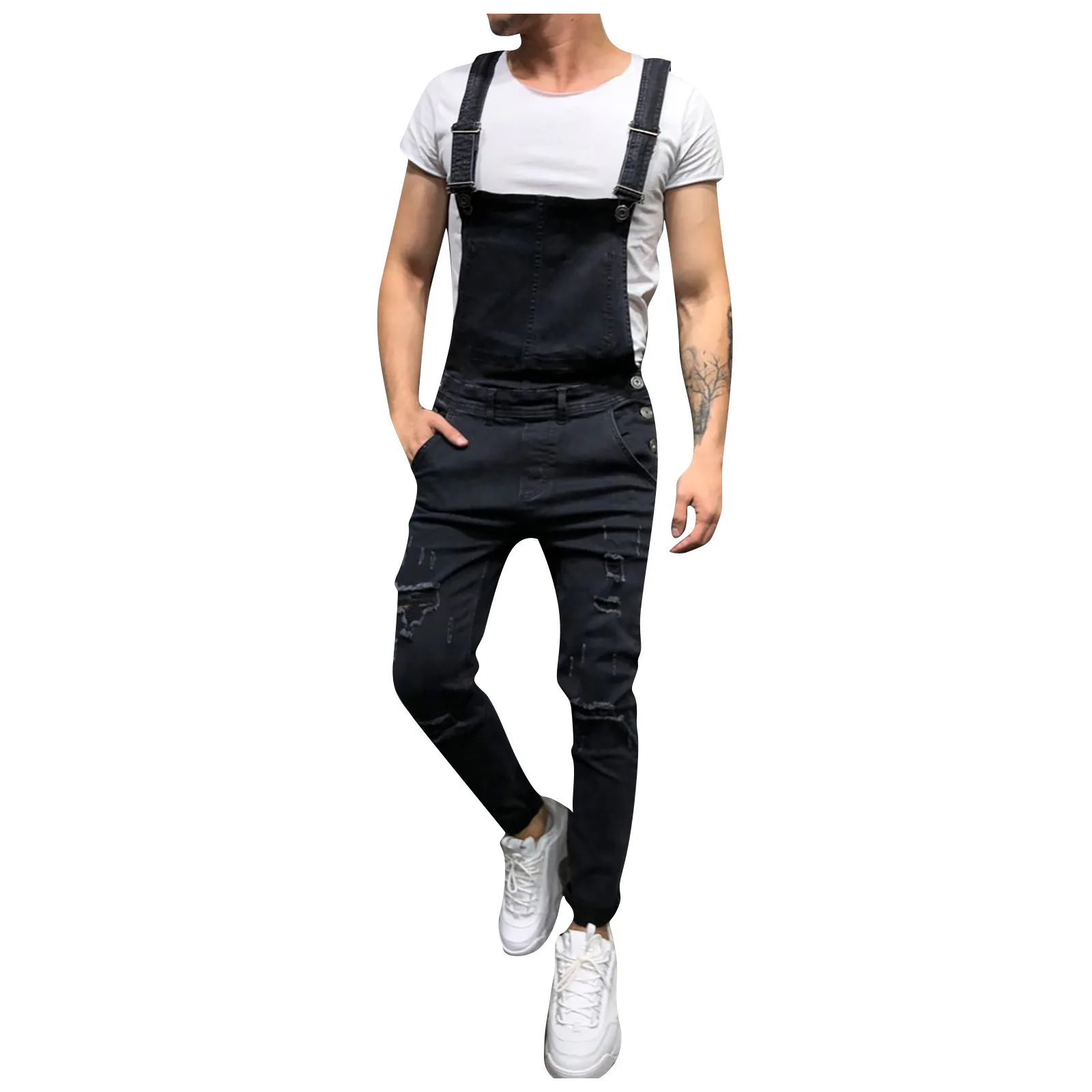 Macacão jeans rasgado masculino, streetwear suspensor, plus