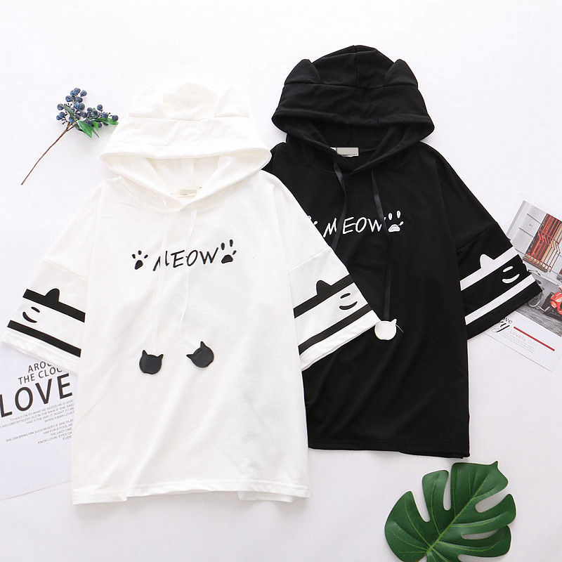 T-shirts Women Patchwork Loose Haruku All-match Short Sleeve Hooded Summer Cute Korean Version Stylish Student Tops799_voghion.com
