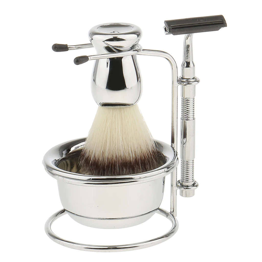 MagiDeal Mens Beard Removal Shave Grooming Set Brush  Bowl Safety Stand