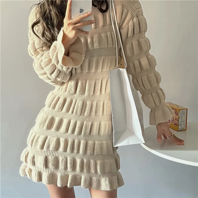 H369b0d5e05674e8db266b04a5ad8817cx - Winter Korean O-Neck Long Flare Sleeves Ruched A-Line Knitted Mini Dress