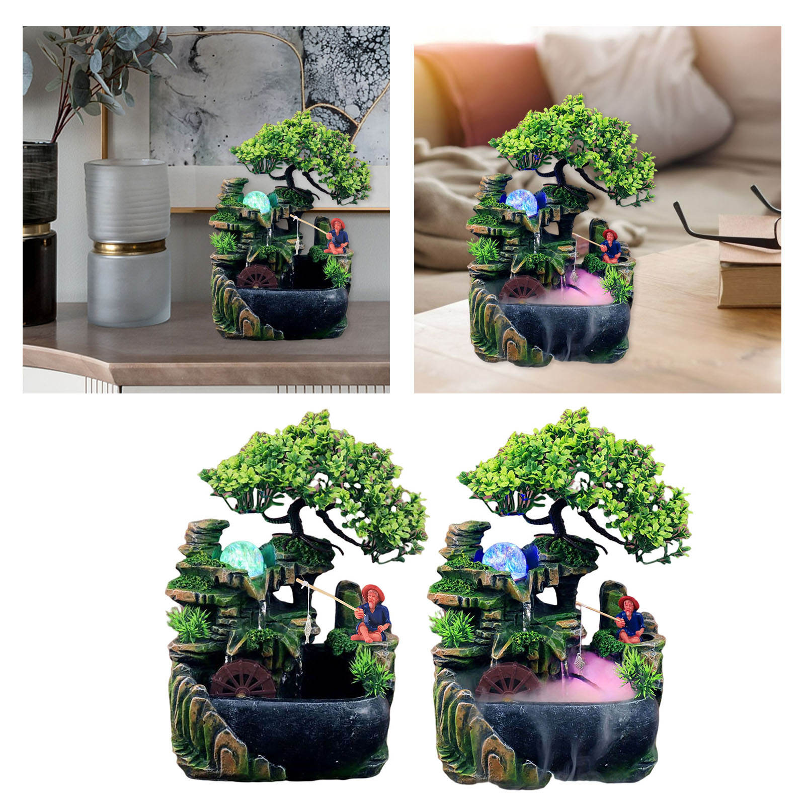 Indoor Tabletop Waterfall Fountain with Pump Rockery Fisherman Bonsai Statue Flowing Water Fountains Home Ornament