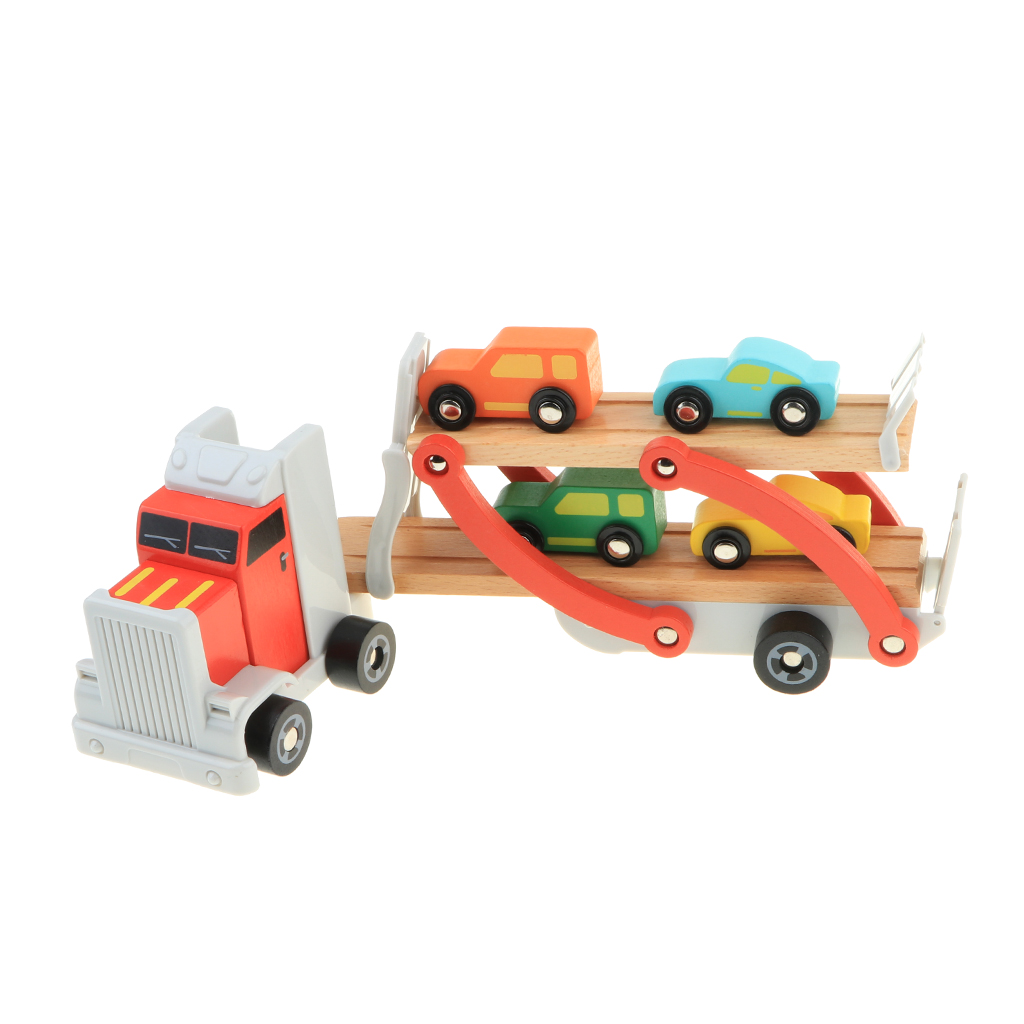 Wooden Double-Deck Car Carrier Transporter with 4 Mini Vehicles for Kids Imaginative Play , 15 x 2.75 x 4.33 inch