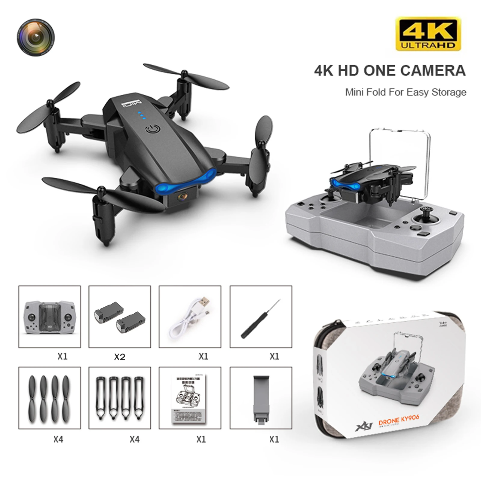 KY906 Mini Drone 4K HD Image RC Quadcopter One Key Return Auto Rotation Trajectory indication Pocket Drones Kid`s Toys