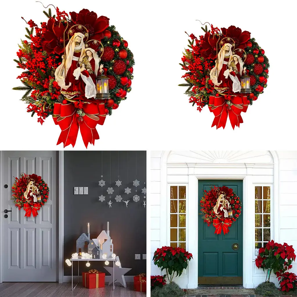 Nativity Wreath Red Hanging Garland Christmas Wreath Decorations Wreath Hanger for Front Door Decor Holiday Home Decoration Door