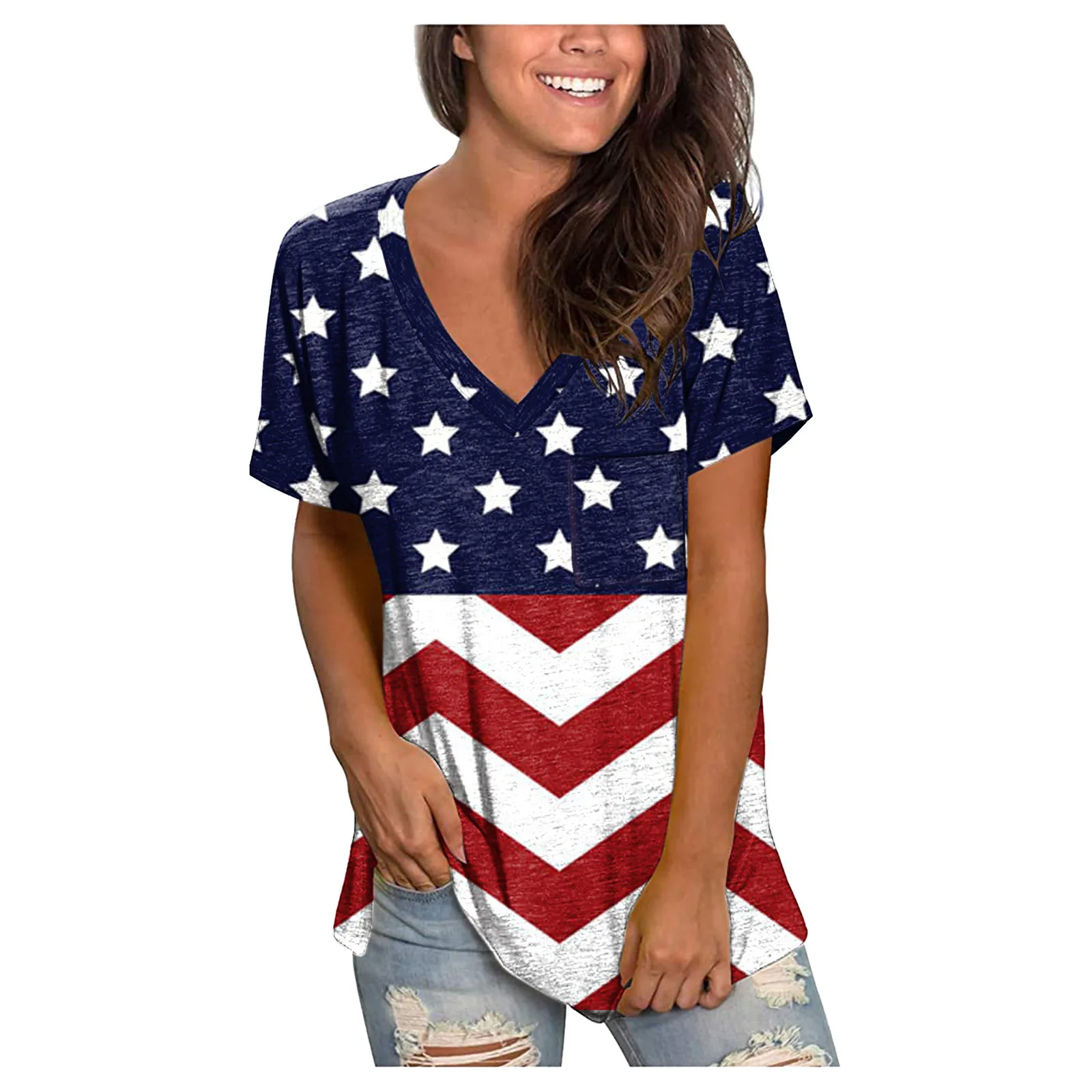 WANQUIY Independence Day Womens Casual Print Off Shoulder T-Shirt American Flag Tops Short Sleeve Blouse 