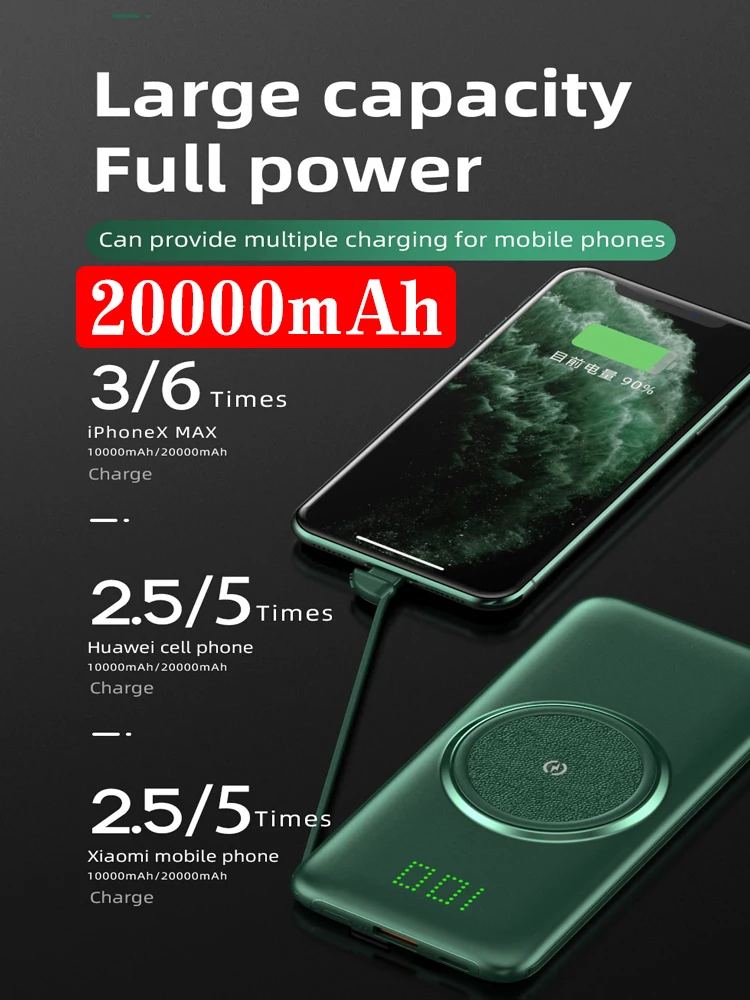 battery pack for phone 20000 MAh Power Bank Qi Wireless Charger For iPhone Mobile Phone External Battery For Samsung Xiaomi OPPO Power Bank usb c power bank