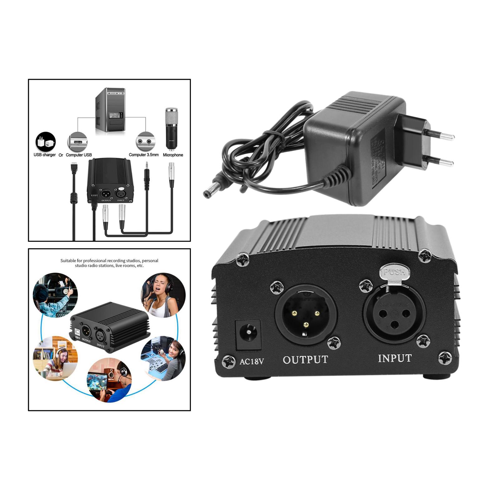 48V Phantom Power Supply with Charging Cable for Microphone Music Recording