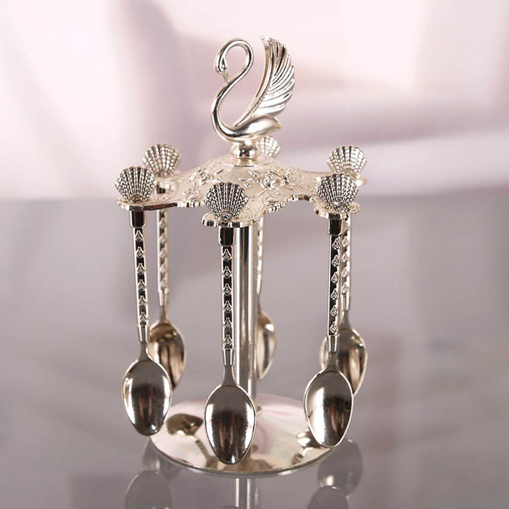Metal Swan Base Holder and 6 Spoons Jam Spoons Kitchen Dinnerware Set for Stirring Sugar Dessert Ice Cream Coffee