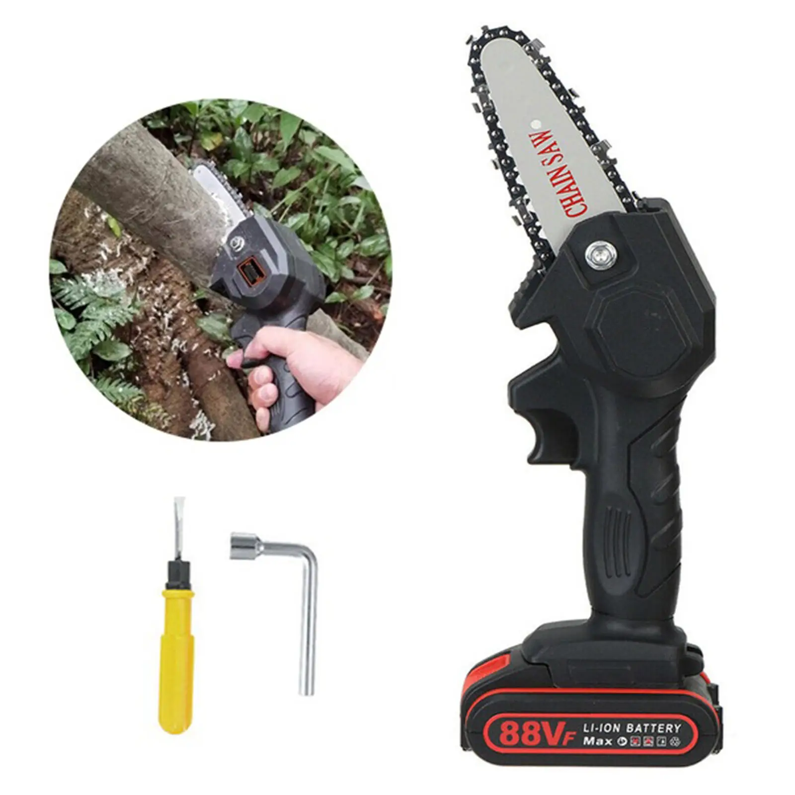 88V 1200W 6 Inch Electric Cordless Chainsaw Chain, Electric Saw for Garden Cutting, One-hand Saw