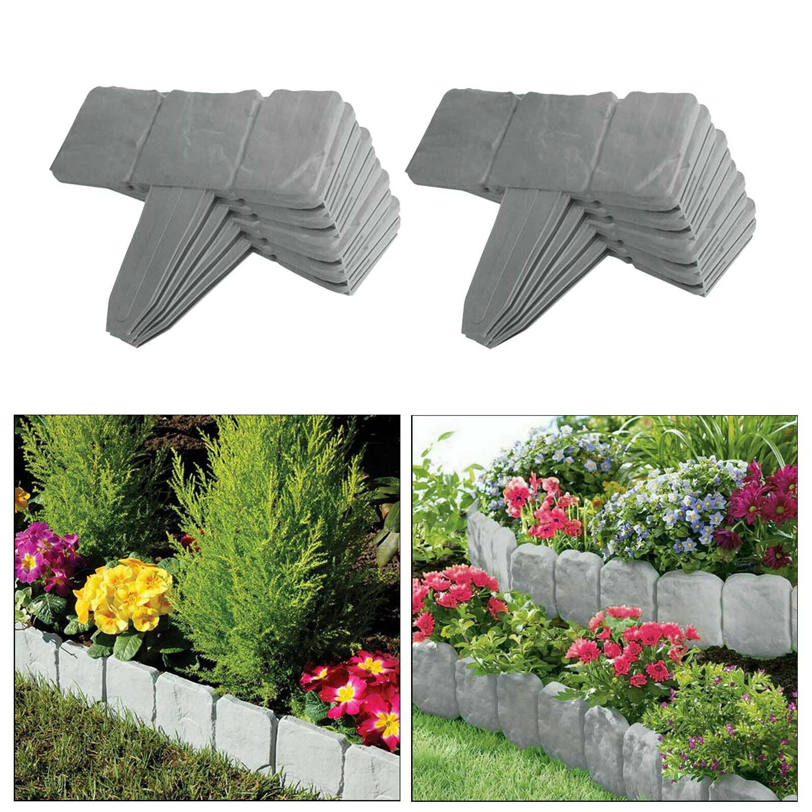 10pcs Dark Grey Garden Border Decorative Flower Bed Edging Fence Stone-Style 10 Pieces Outdoor Lawn Stakes Grass Enclosure DIY