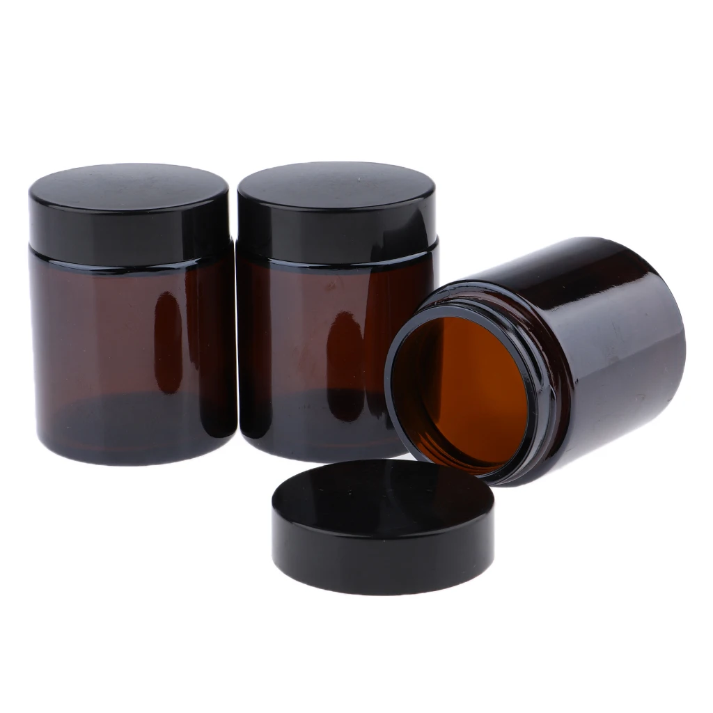 3Pcs 100ml Dark Brown Refillable Glass Cosmetic Containers Jars for Face Cream,