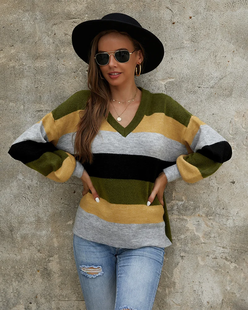 yellow sweater Women Sweater Pullover New 2021 Autumn Big Girls Tops Women's Clothes Soft Knit Patchwork Stripe Loose Style V Neck,#1011 green cardigan
