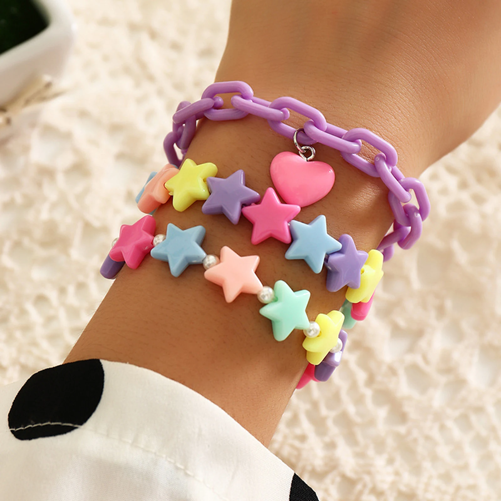 1 Set Colorful Fashionable Bracelets Stars Heart Pearls Bangle Adjustable