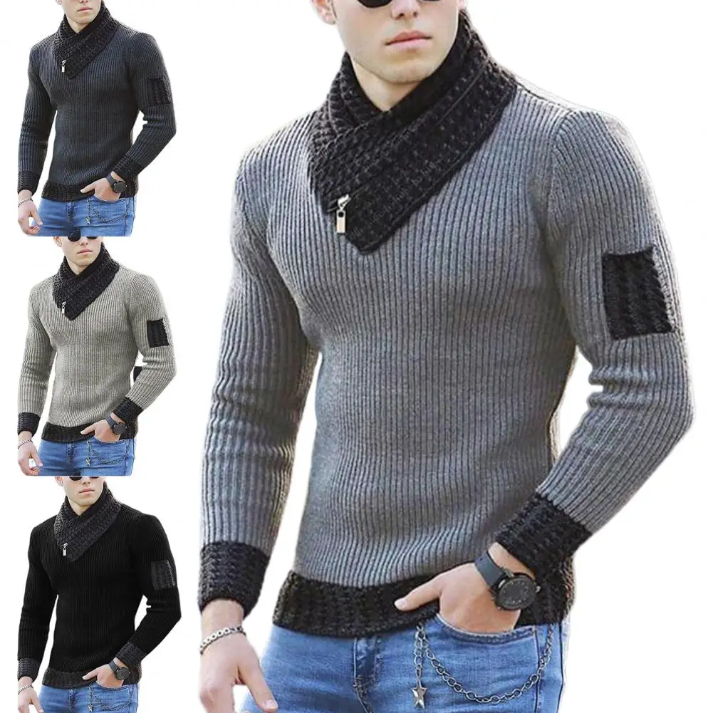 mens pullover sweater Long Sleeve Scarf Collar Sweater Men Streetwear Autumn 2021 Soft Color Block Slim Male Knit Sweater Pullover Tops Sweatshirt crew neck sweater