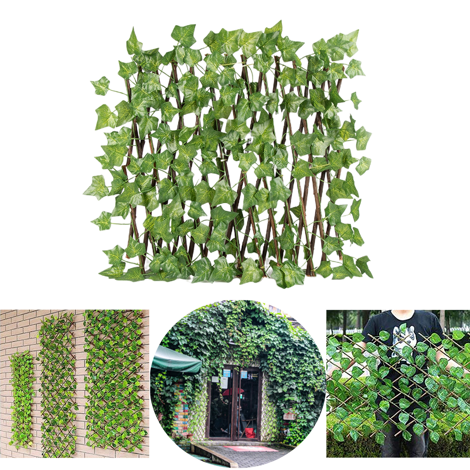 Expandable Garden Screening Trellis Wooden Fence with Artificial Leaves