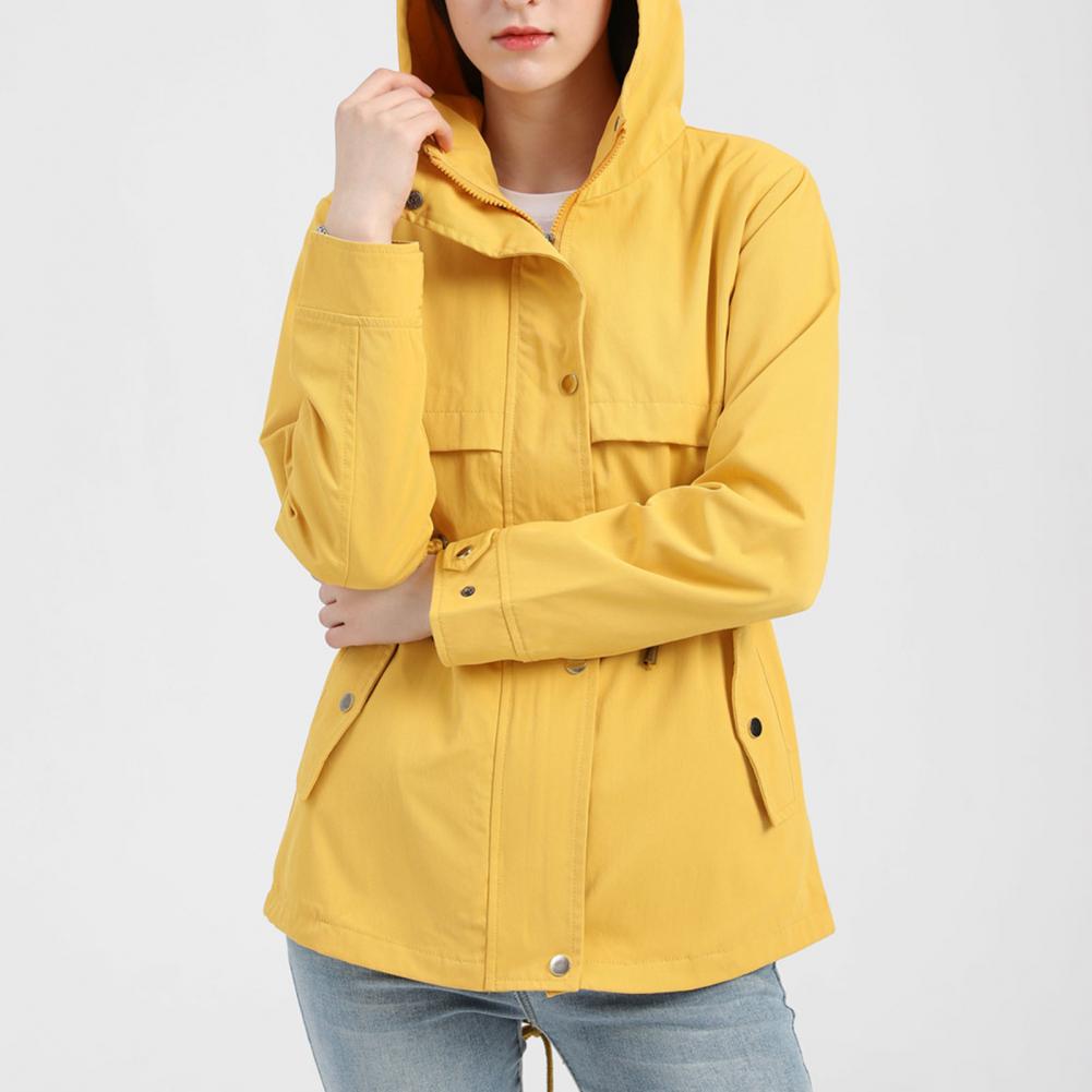 Hooded Back Split Drawstrings Buttons Pockets Zipper Jacket