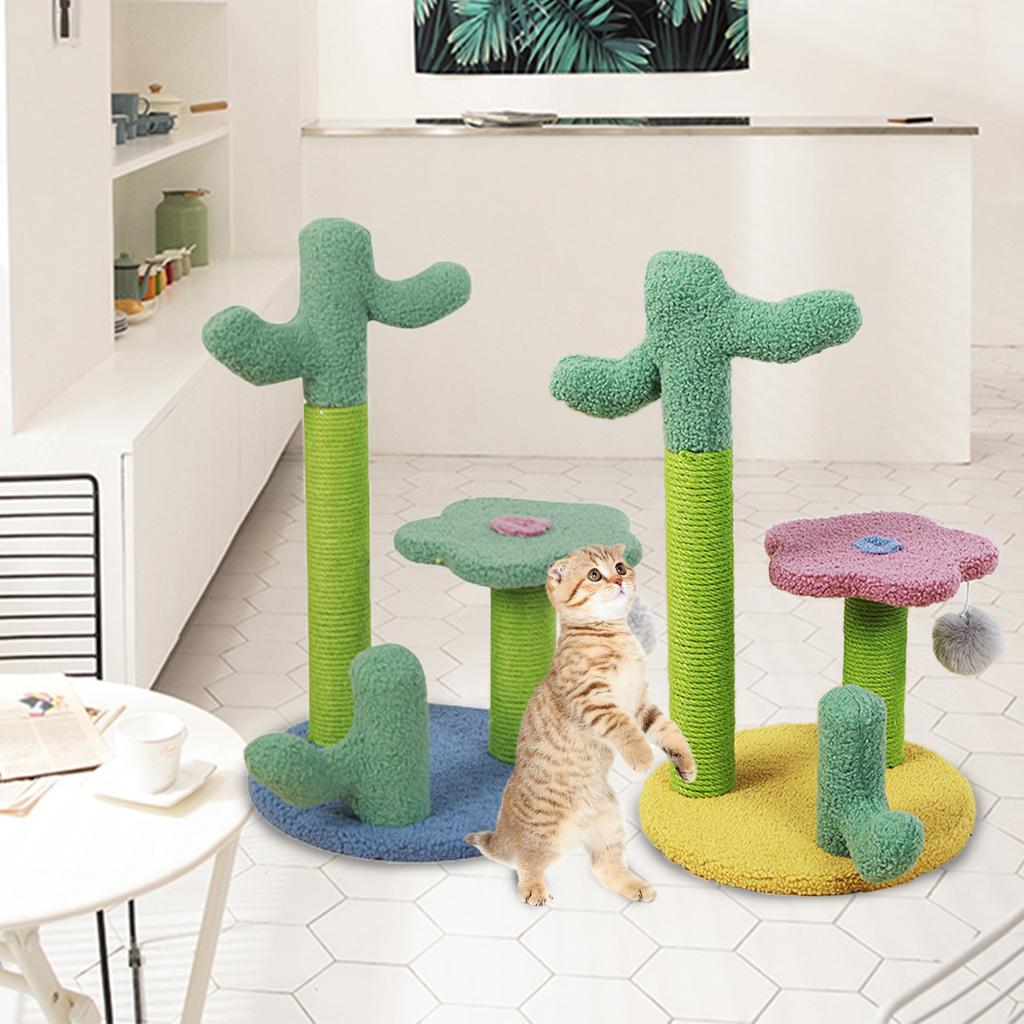 Cactus Cat Tree Scratching Post Kitten Climbing Frame Scratcher Toy Activity Centre Hanging Ball Toys for Cat Indoor