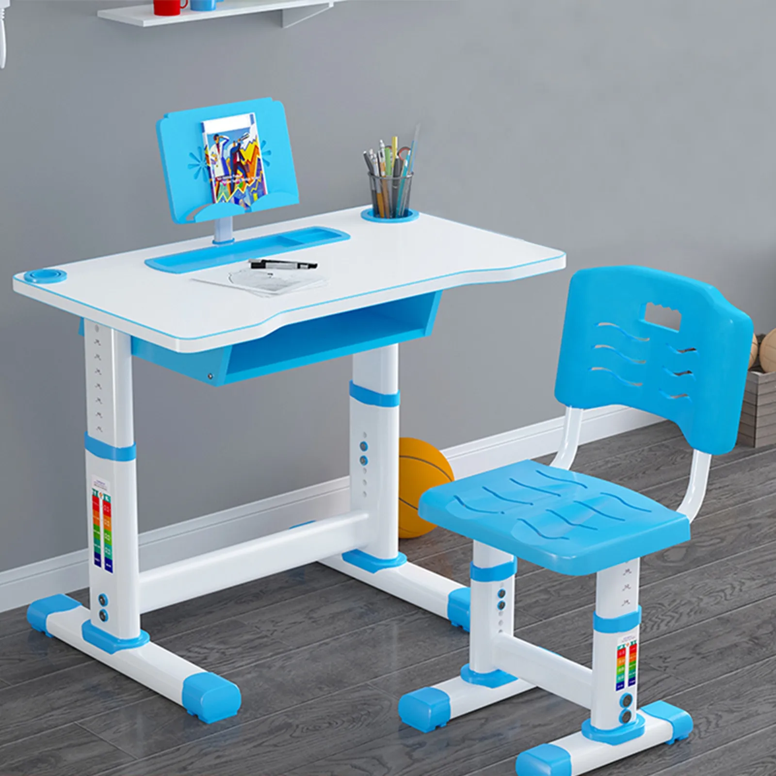 Height Adjustable Children Kid Student Study Art Desk Table &Chair Set W/Bookend 