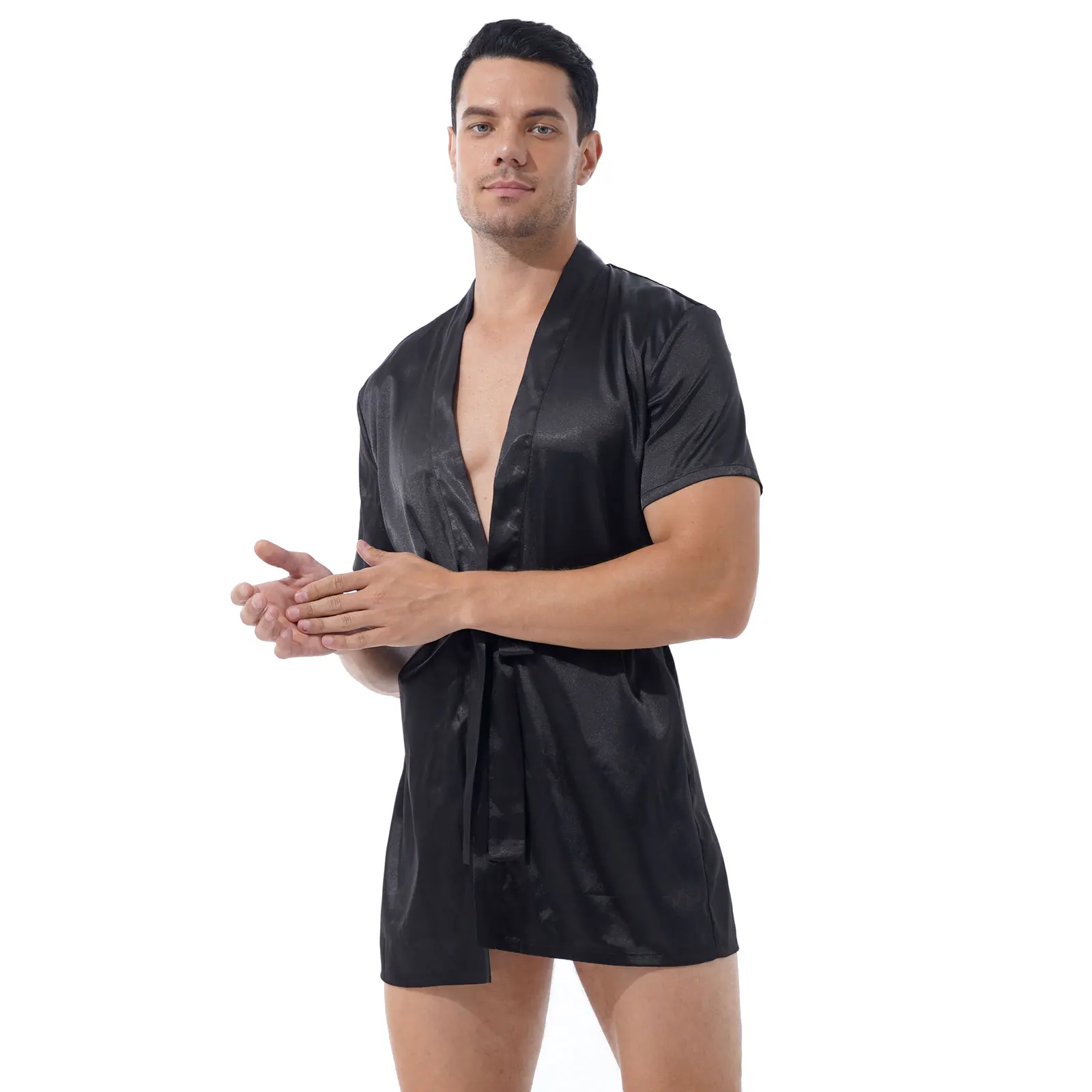 mens pjs sale Adults Men Black Lounge Sleepwear Nightwear Silk Pajamas Sets Men Comfort Silky Bathrobes Noble Dressing gown Men's Sleep Robes mens silk pajama set