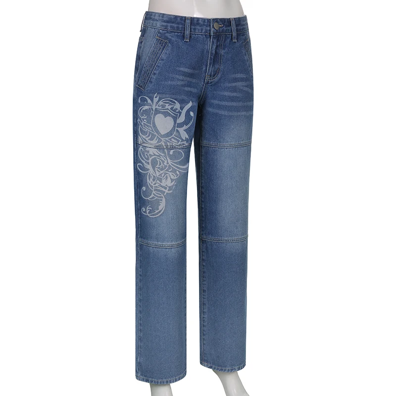 Women Harajuku y2k Vintage Jeans Floral Print Aesthetic Baggy Straight Pants Grunge Street Indie Trousers Streetwear