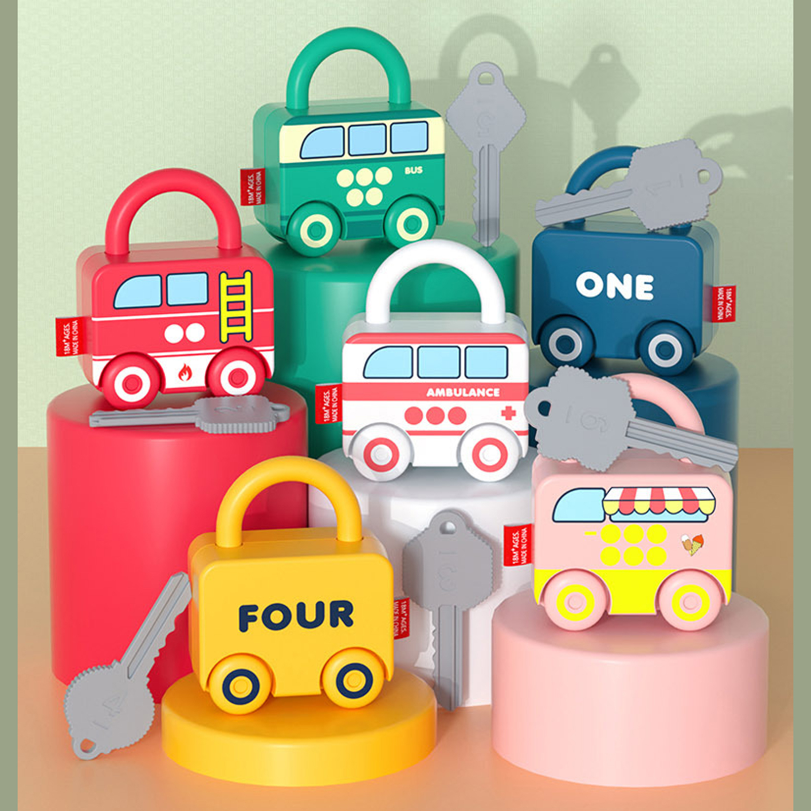 Cartoon Bus Unlocking Paired Toys, Digital Car Locks Keys Matching Educational Set Intelligence Kits for Preschool Children