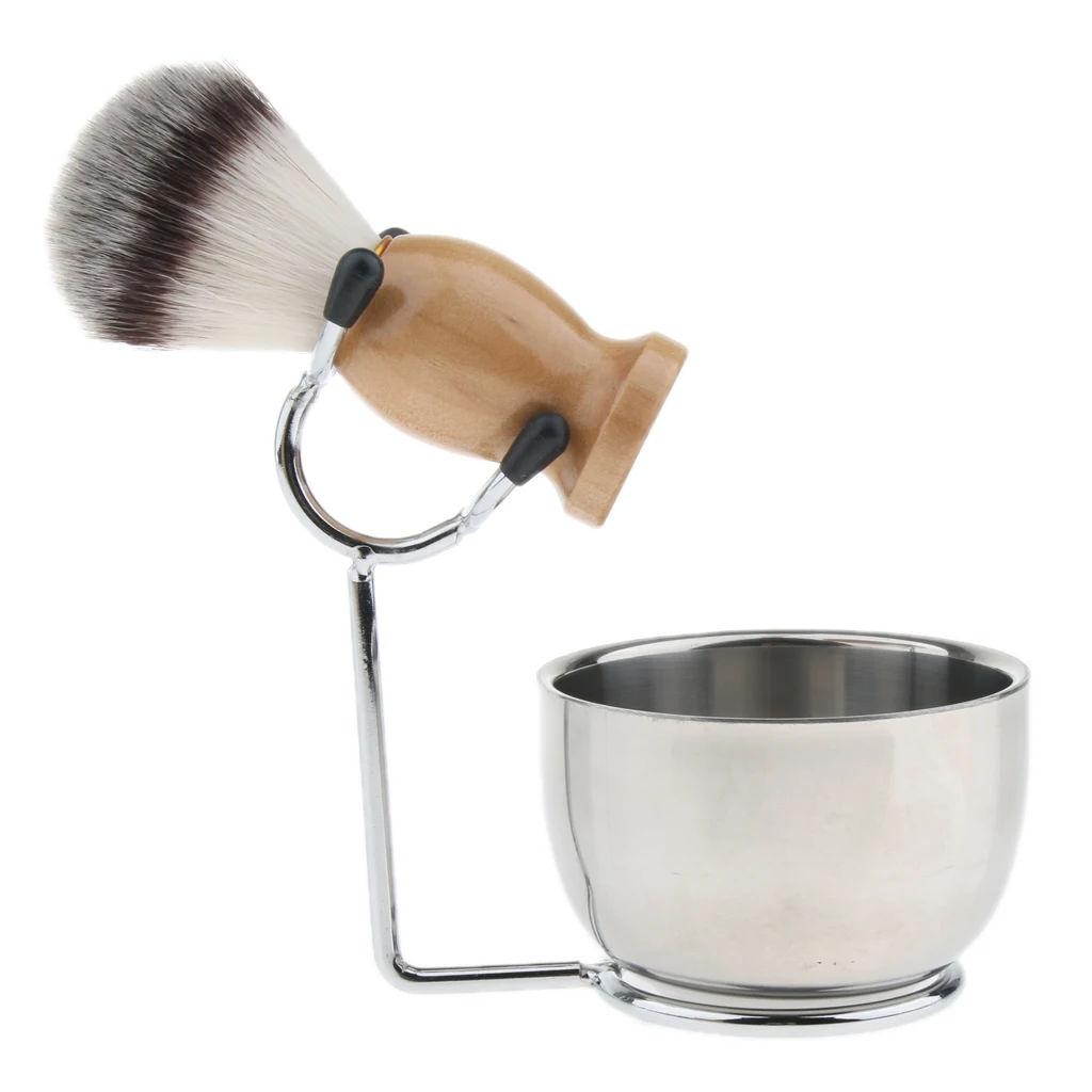 3 in 1 Men`s Shaving Set Beard Brush Stainless Stand Holder Bowl Soap Mugs