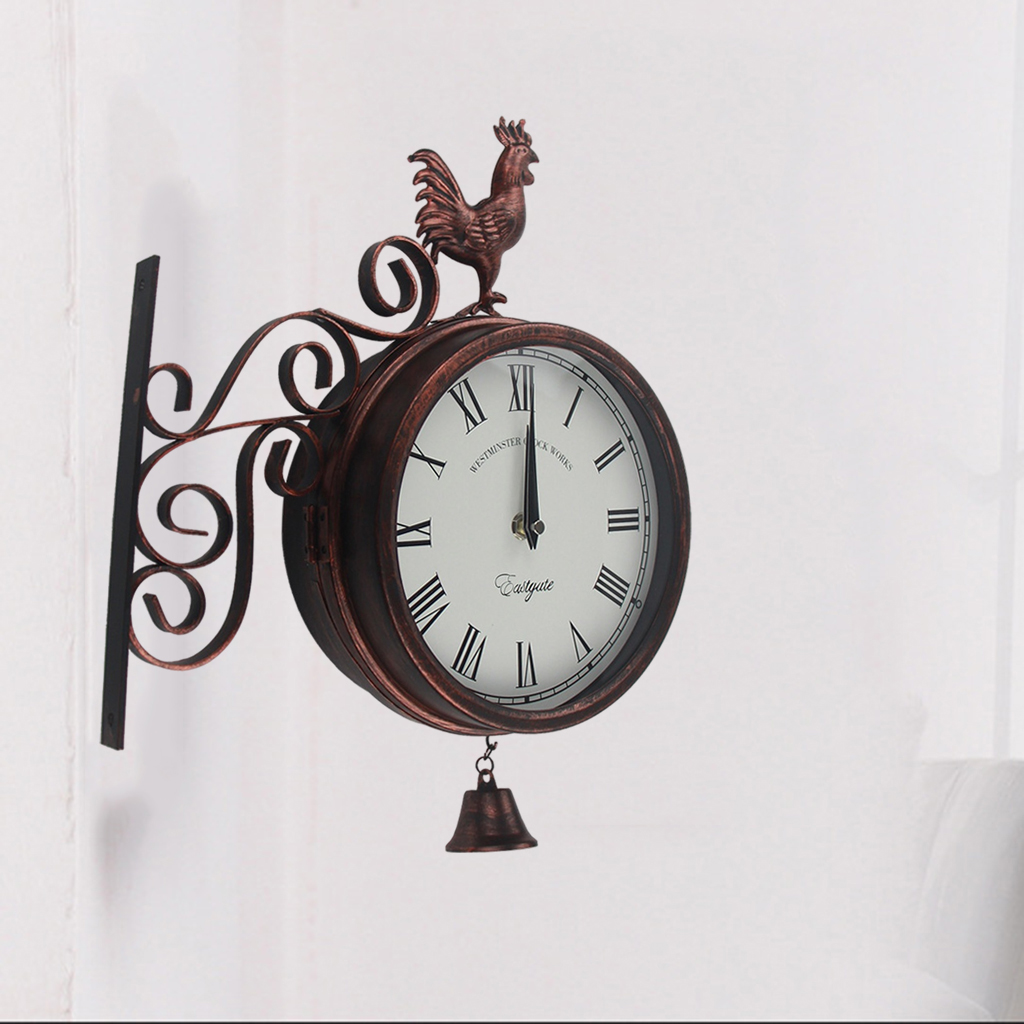 Metal Double Sided Wall Clock Decoration Indoor Outdoor Decorative Wall Hanging Station Clock Round 360° Rotation Clock