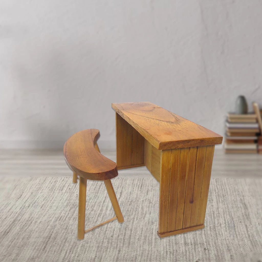 Shabby Stylish Wooden Desk and Stool Furniture Model Toys for 1/12 Doll House Decoration Dollhouse Miniature Accessories