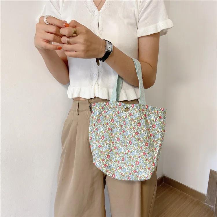 Casual Women Portable Lunch Bento Bag Retro Flower Ladies Small Handbags Cotton Cloth Female Shopper Clutch Purse Shoulder Bags