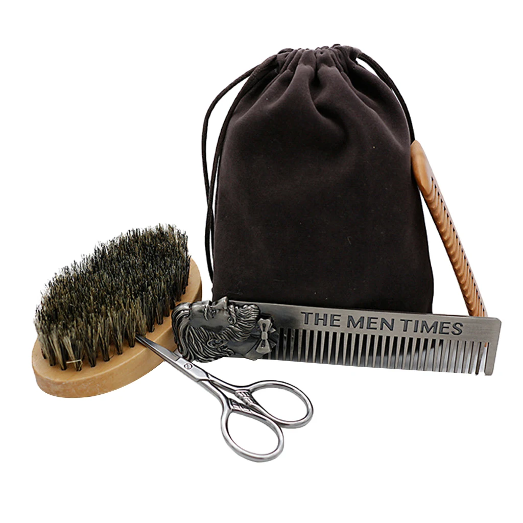 Pack of 4,Dual Side Lice Comb,Beard Brush For Men, Wood Paddle With Bristles Hair Brush,Beard Cutting Scissor