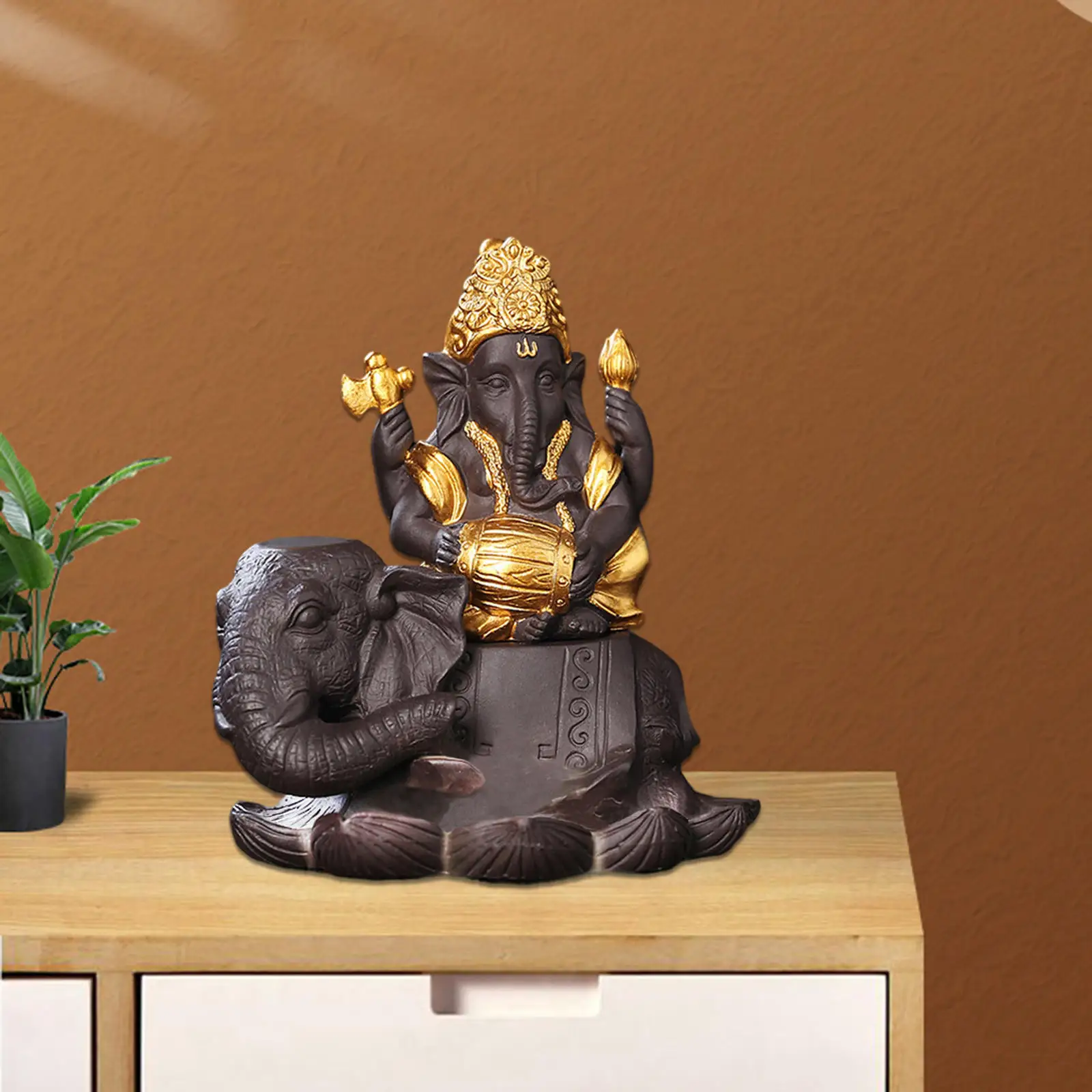 Ganesha Backflow Incense Burner Incense Burner Elephant Stick Holder Aroma Censer Golden Aromatherapy Smoke for Room Meditation