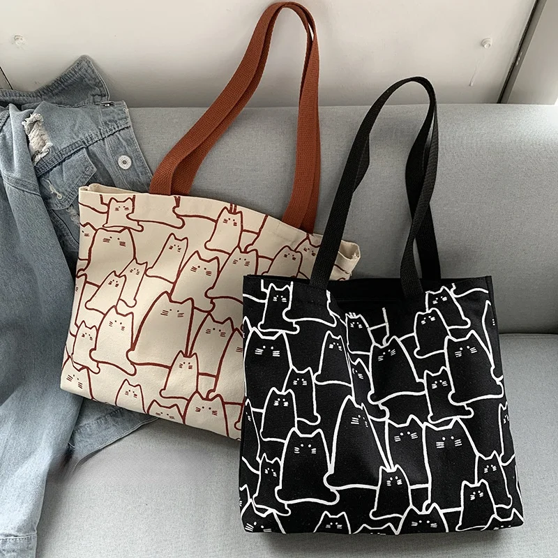 ladies purse Women Canvas Handbag Large Capacity Shopper Bag Cute Cat Tote Bag with Zipper Designer Japanese Style Cartoon Small Shoulder Bag key wristlet