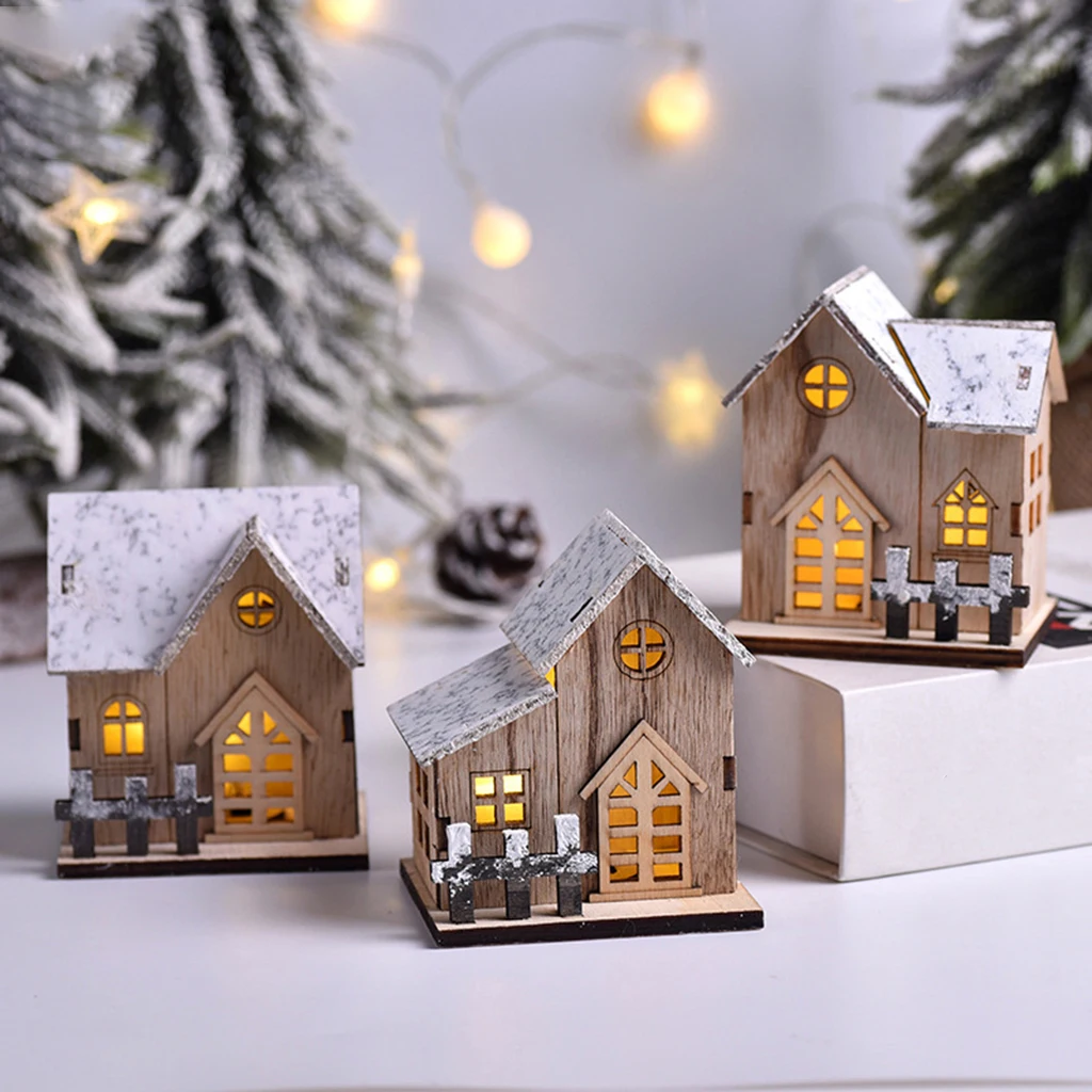 Christmas Scene Village Wood Houses Town Decoration With Led Light Christmas Ornament Kids Gift For Home Decor