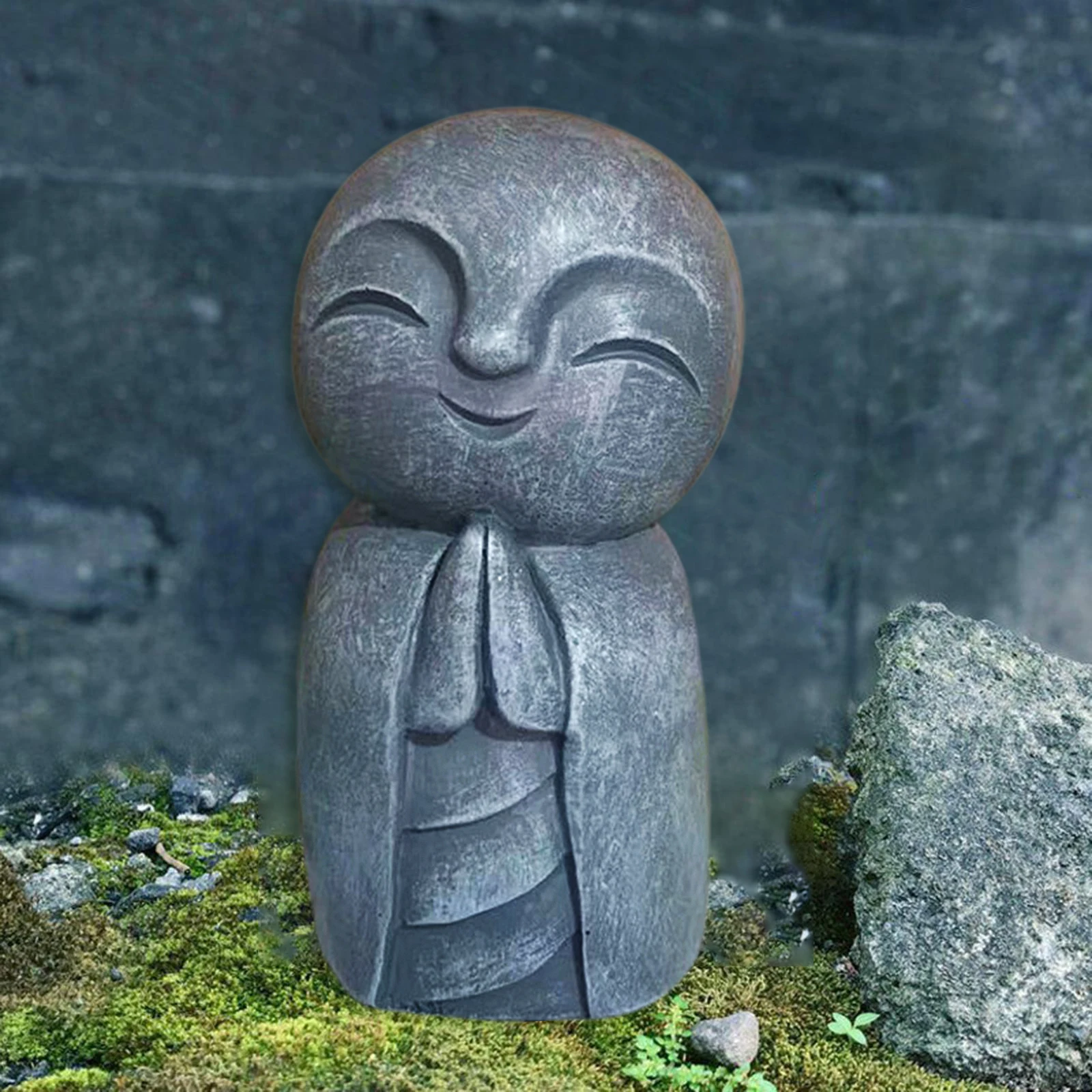 Resin Japanese Buddha Little Smiling Jizo Monks Sculpture w/Hands Clasped Statue Figurine Desk Shelf Decoration